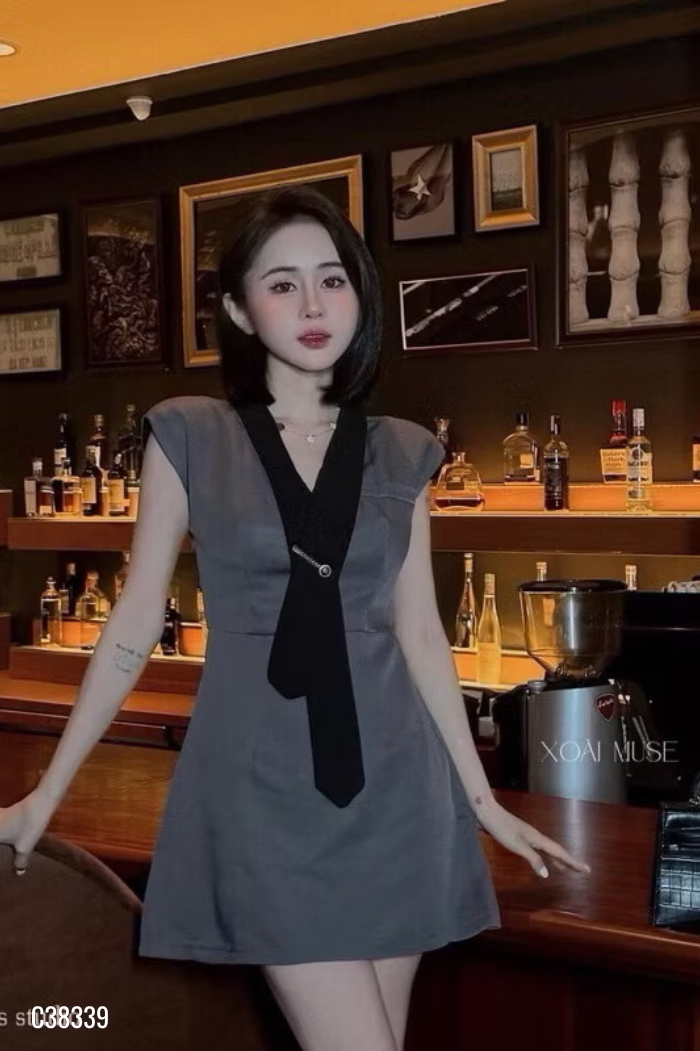 NEWTAG Váy xám sát nách phối đen