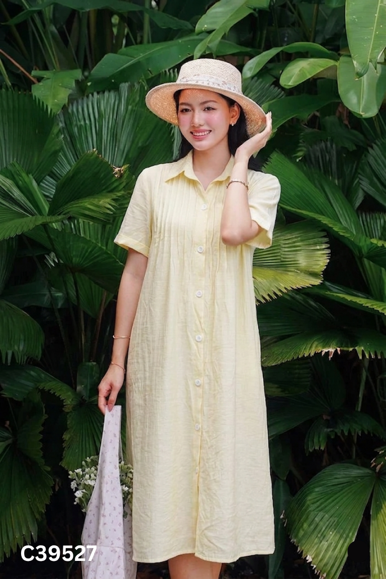 Váy đũi vàng nhạt cổ sơ mi