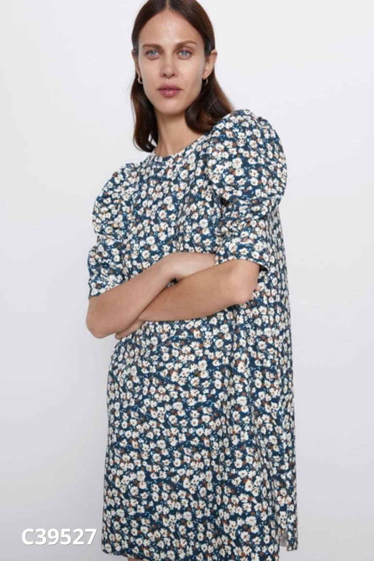 Váy xanh hoa be ZARA tay phồng (XUẤT)