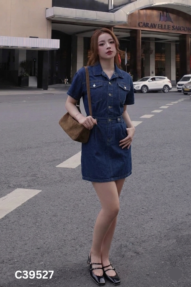 Váy jeans xanh cổ sơ mi
