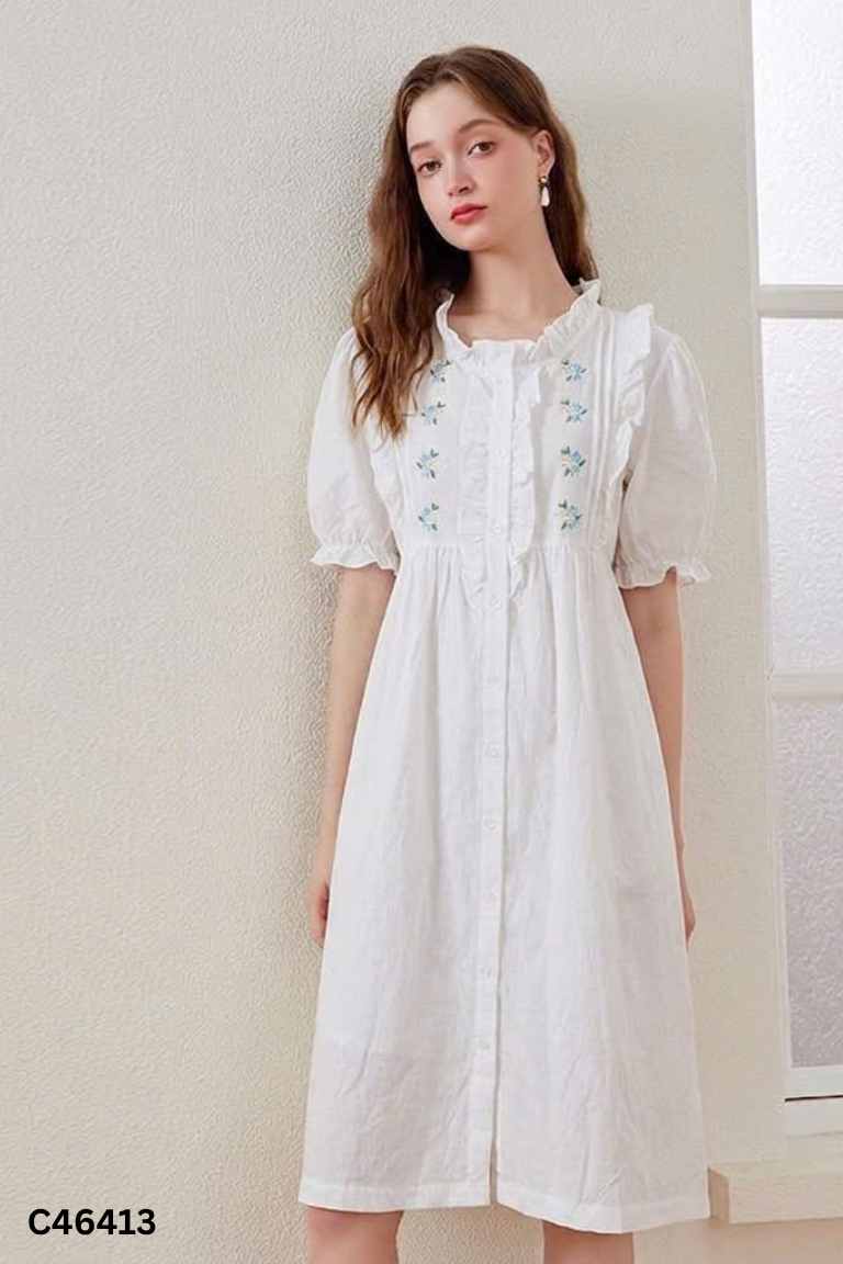 Váy đũi trắng viền bèo thêu hoa