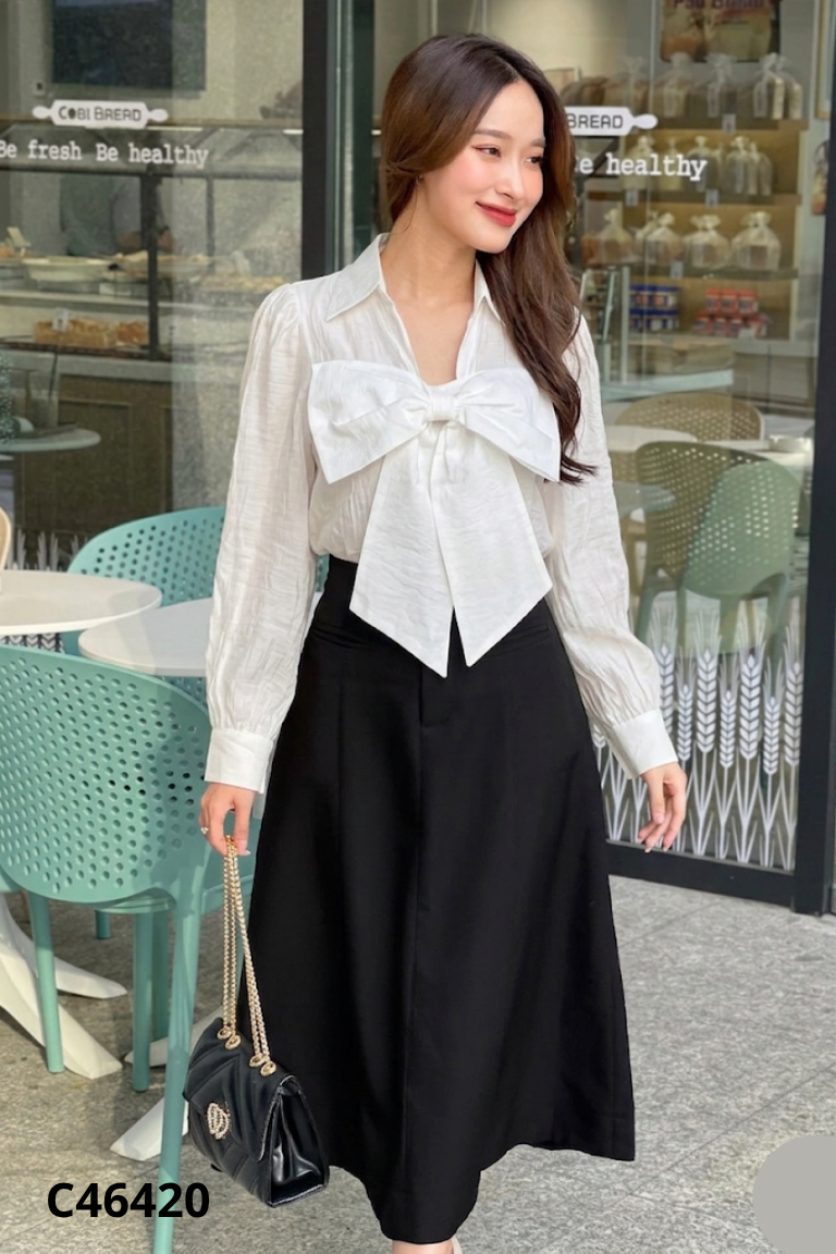 Áo trắng cổ bẻ phối nơ