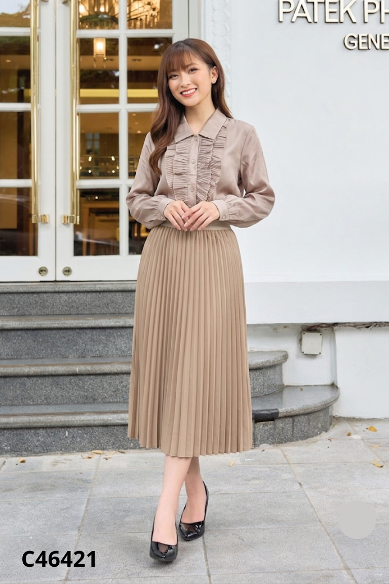 Set Áo sơ mi nữ nâu nhún giữa + Chân váy