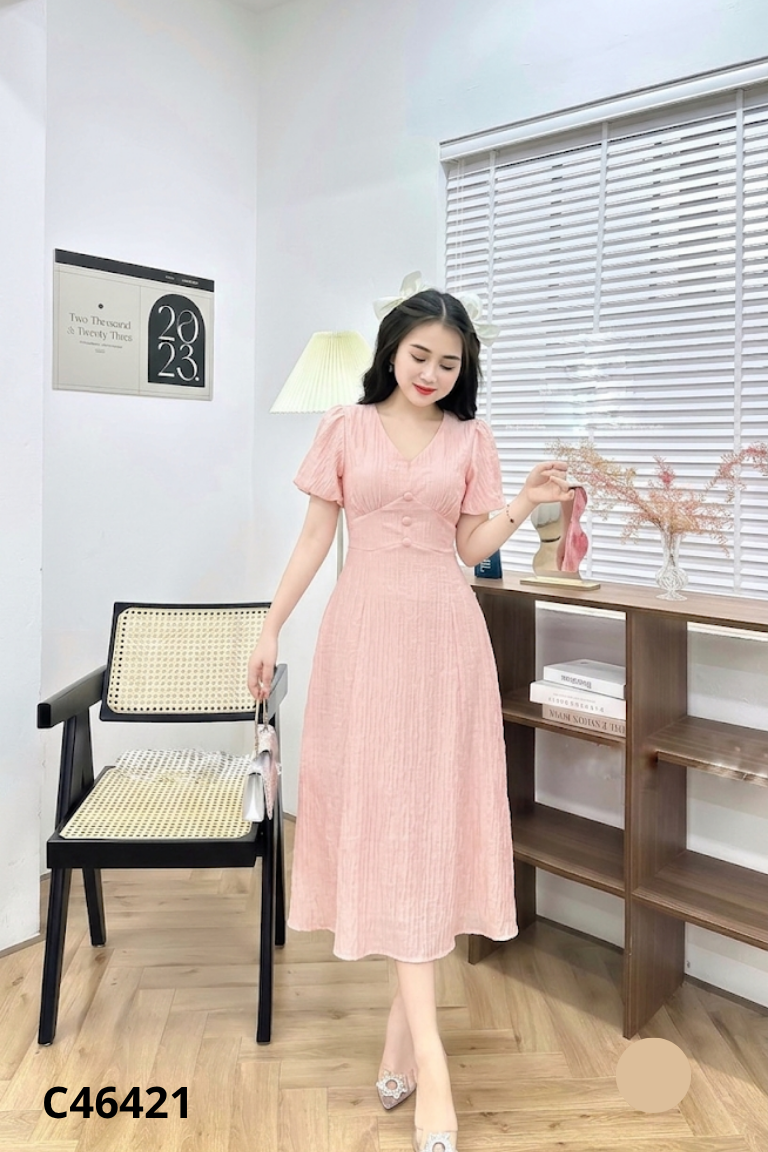 Váy hồng BON cổ tim trơn nhún