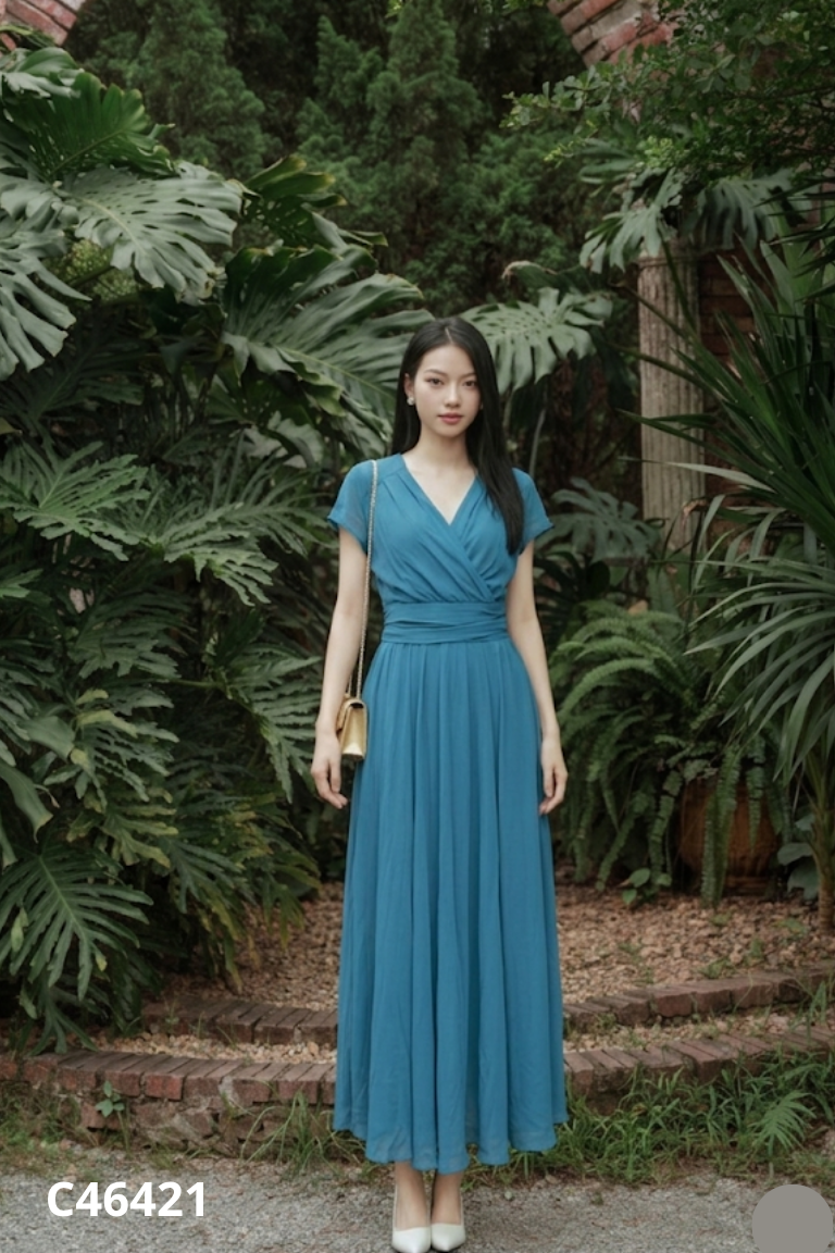 Váy xanh trơn phối cổ chéo