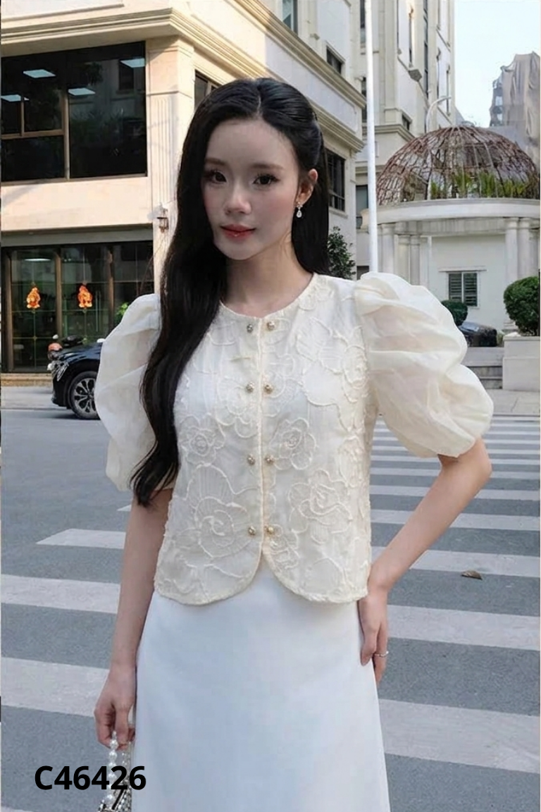 Áo ren be tay voan phồng