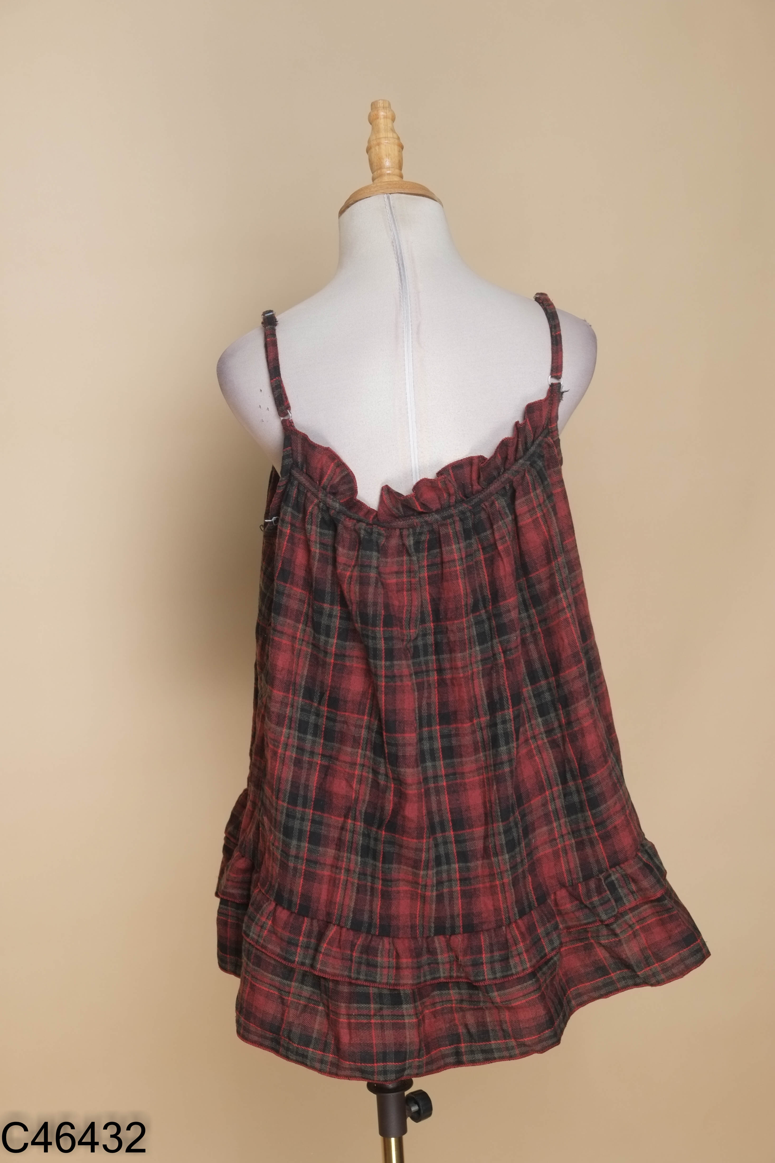Áo babydoll hai dây đỏ kẻ xanh