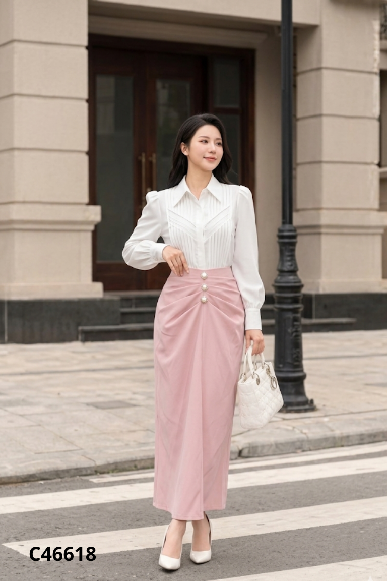 Chân váy hồng C'CHAT gấp ly đính cúc ngọc