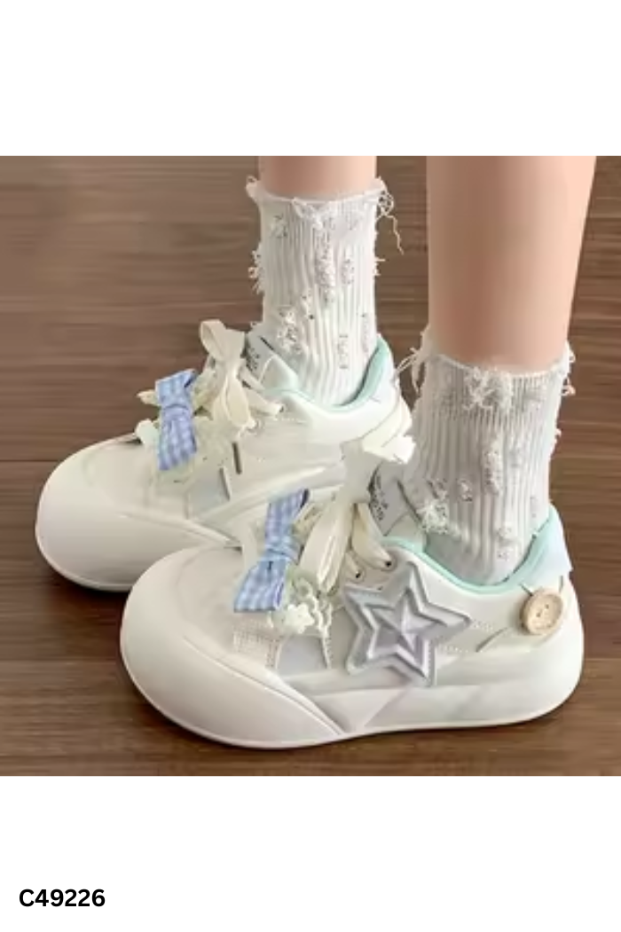 Giày be trắng phối xanh đính nơ 5P