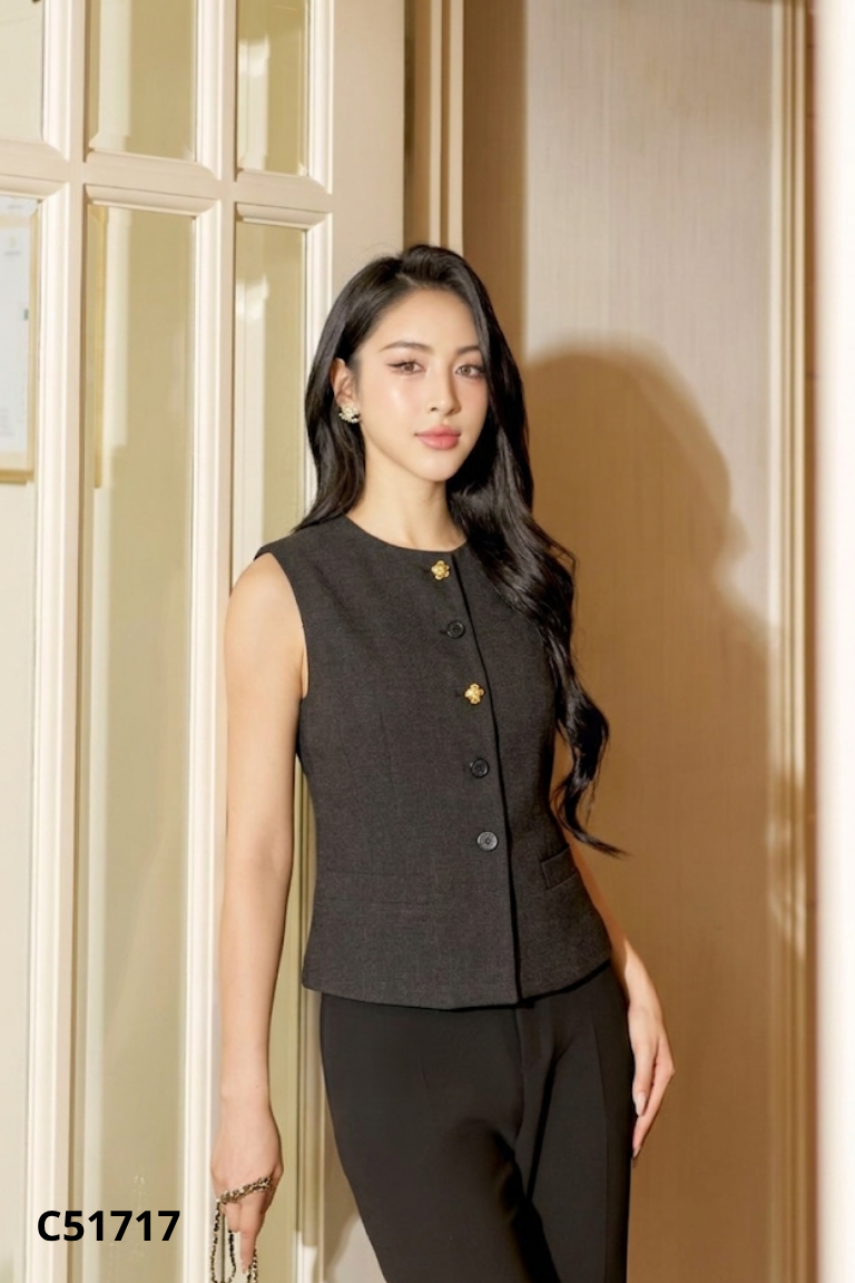 Áo gile vest ghi đen cổ tròn
