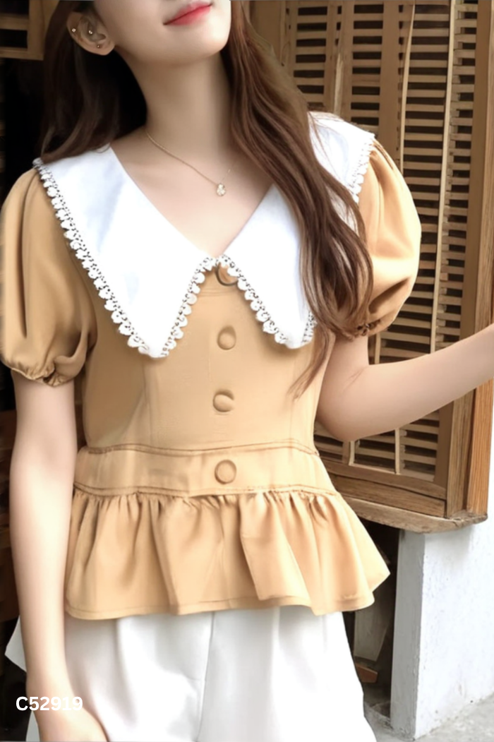 Áo nâu cổ trắng xòe