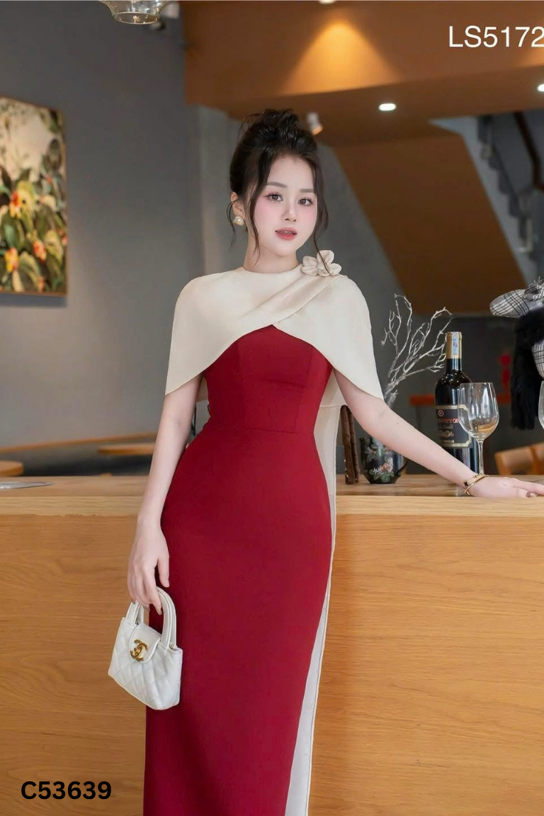 Váy 2 dây đỏ TRANALI + Áo choàng vai be