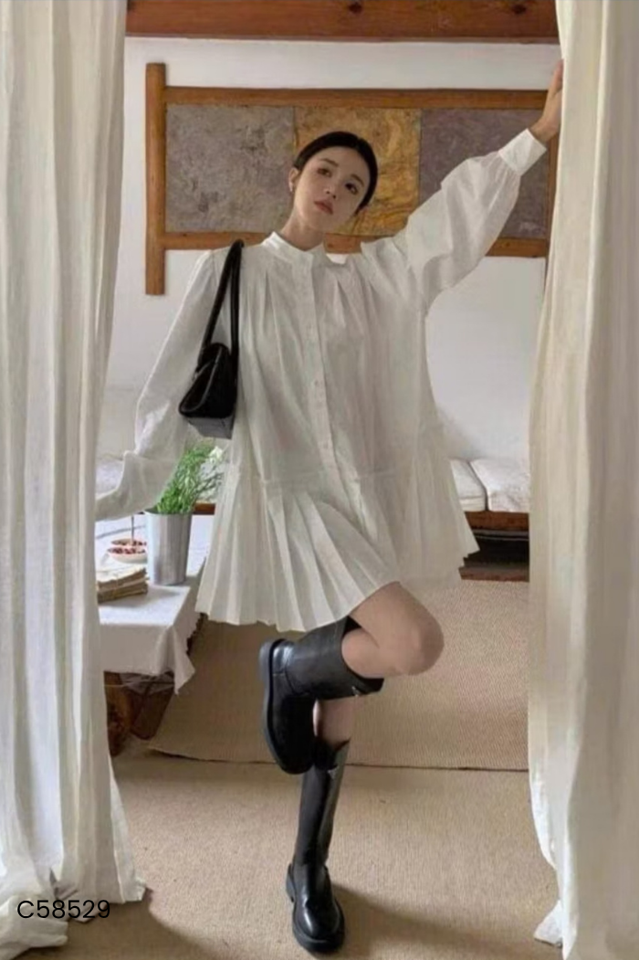 Vá babydoll trắng xếp ly