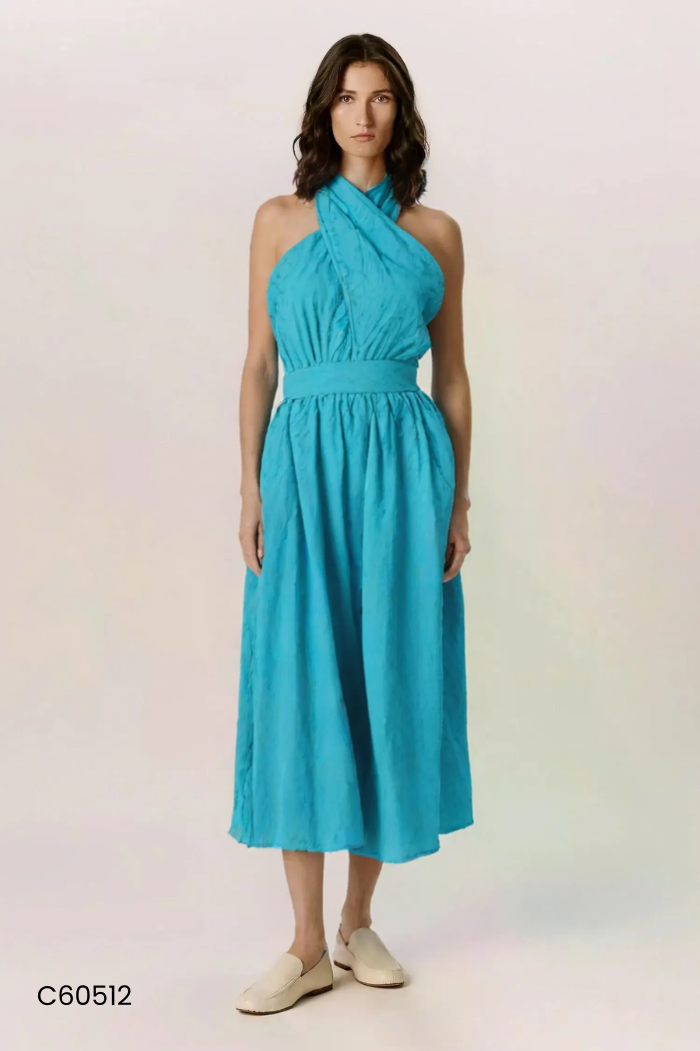 Váy maxi xanh cổ buộc
