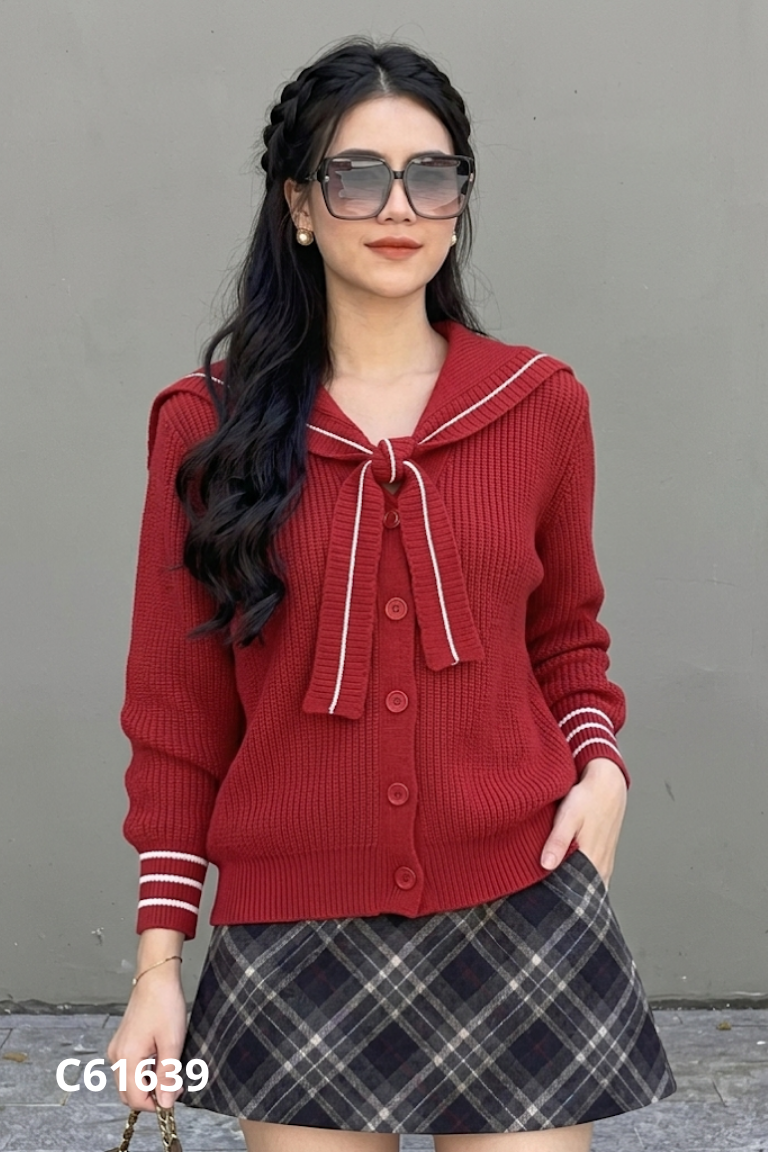 SET áo cardigans đỏ dáng ngắn+ khăn thủy thủ