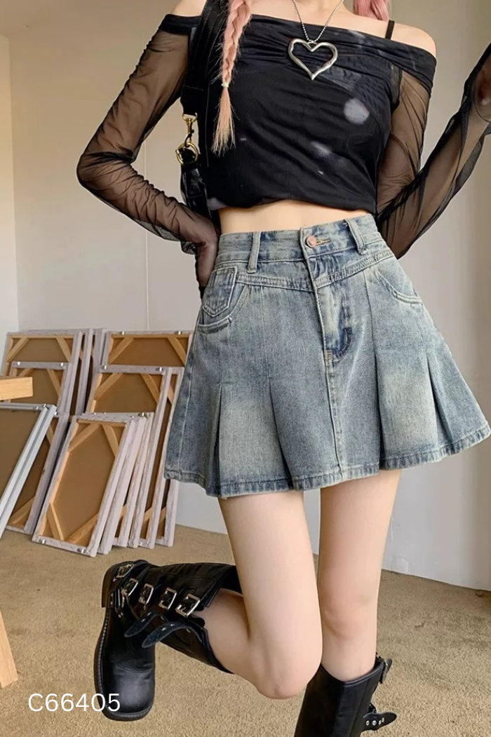 Chân váy jeans xanh xếp ly