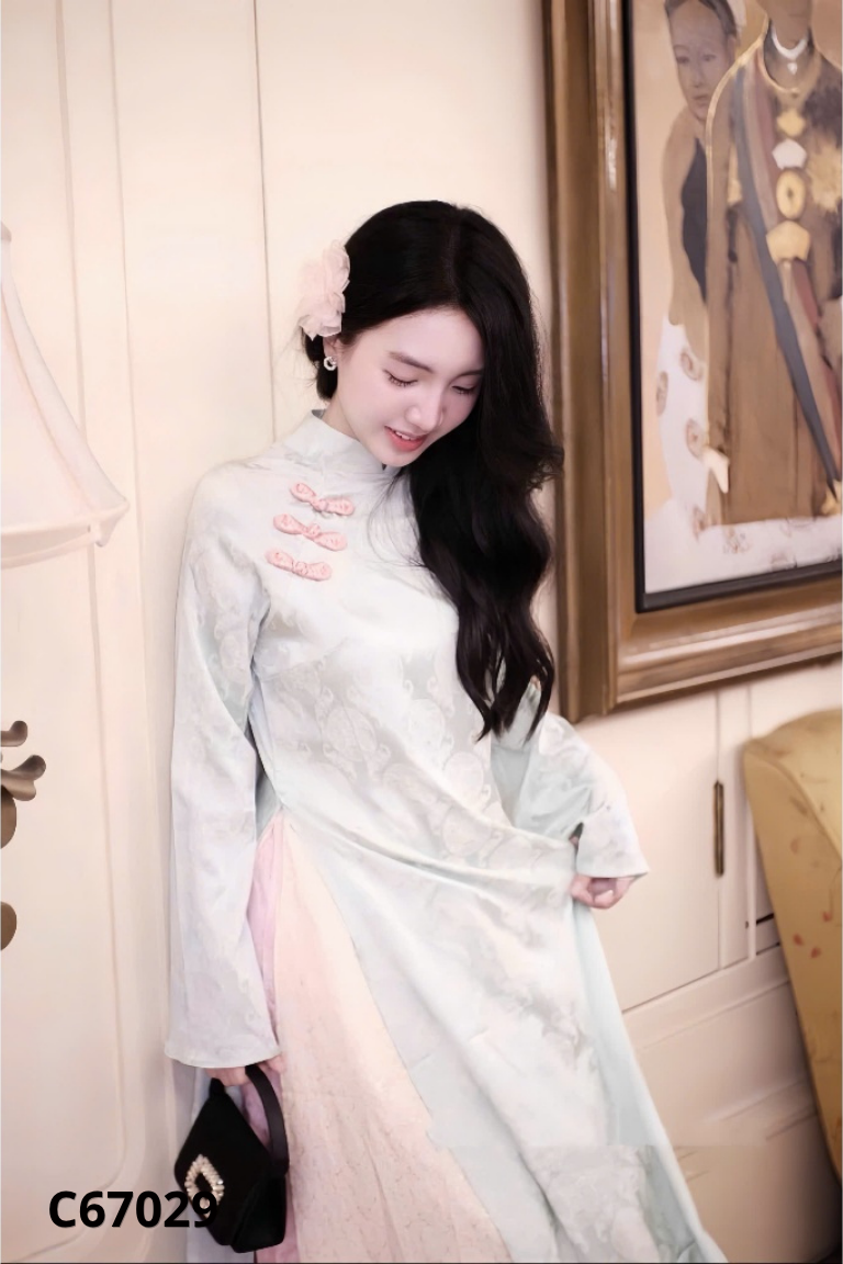 Áo dài xanh mint phối be họa tiết gấm + Quần hồng