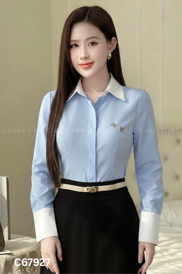 Áo LACHI sơ mi xanh cổ trắng