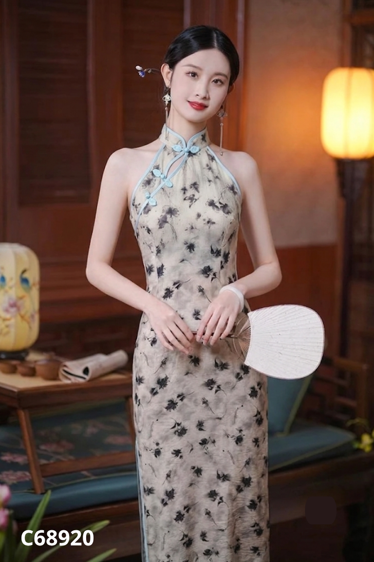 Váy sườn xám xanh họa tiết