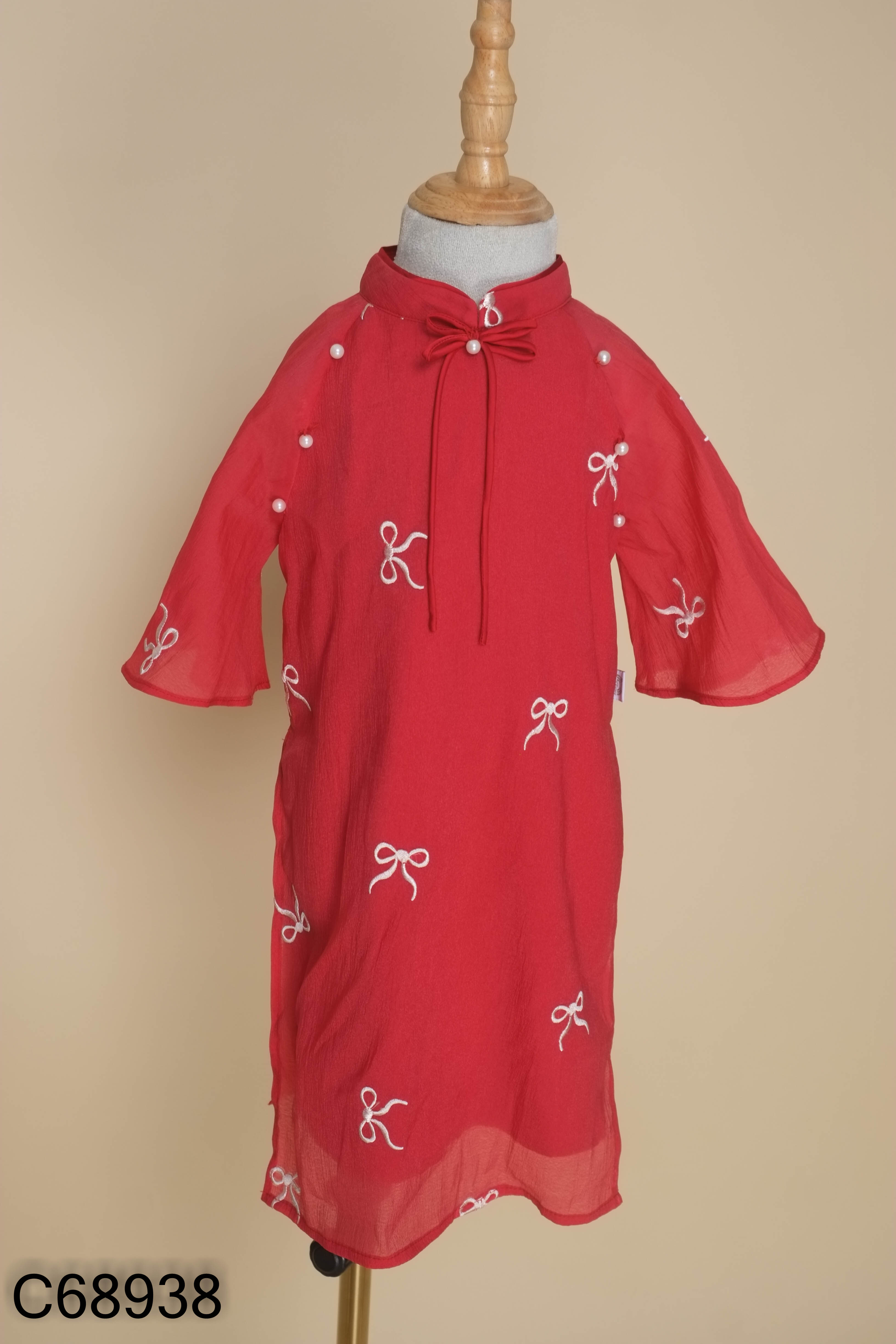 Áo dài đỏ thêu nơ KIDS