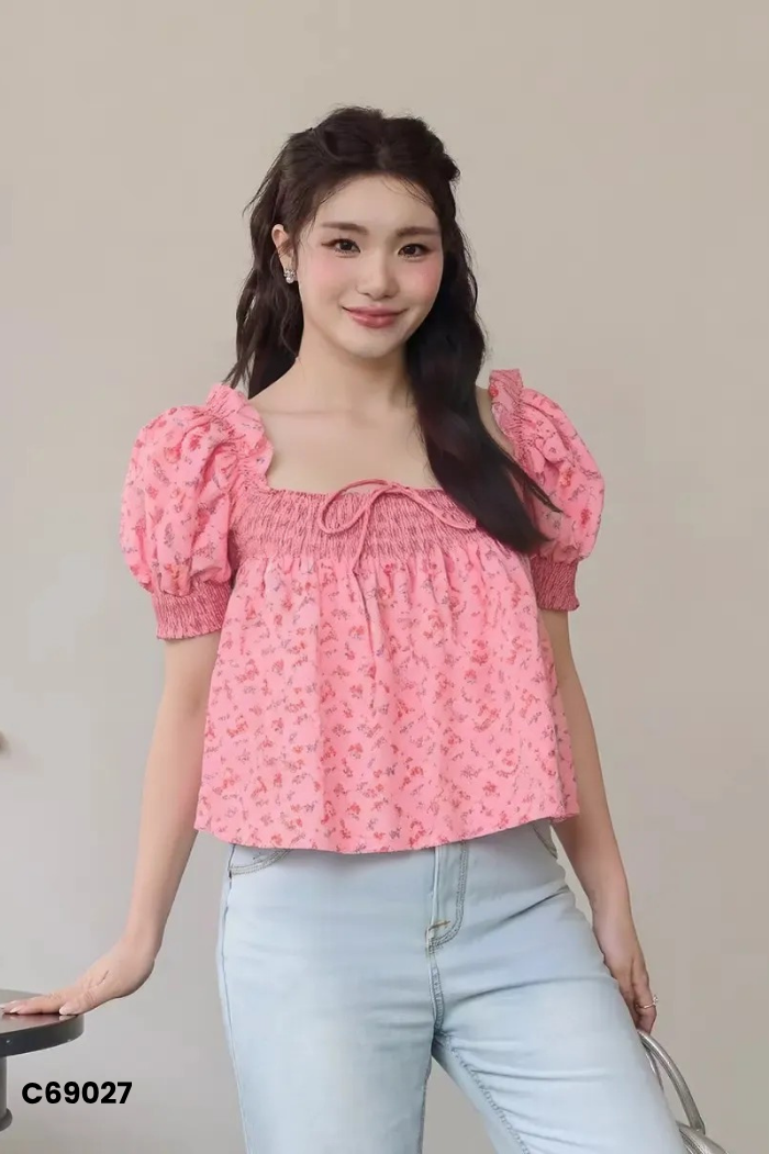 Áo babydoll hồng hoạ tiết hoa