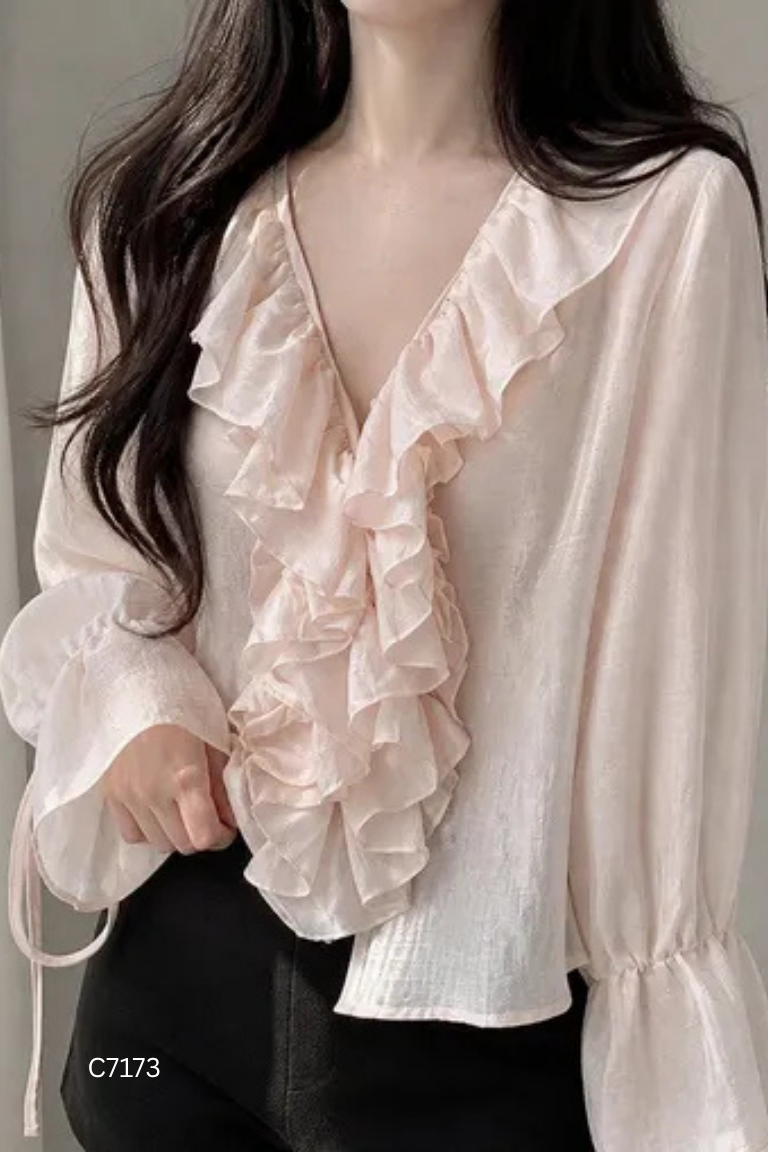 Áo sơ mi voan hồng đào cổ bèo