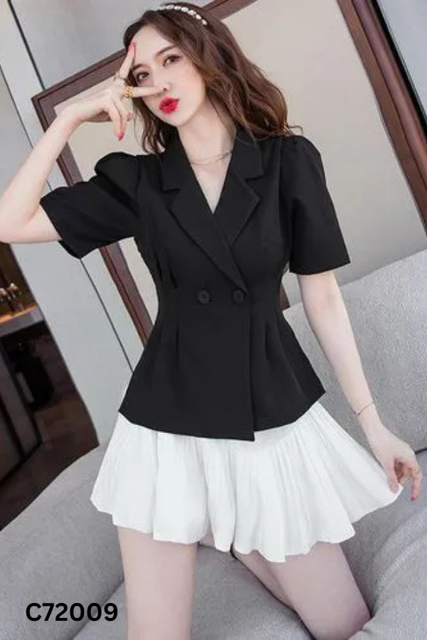 Set Áo đen cổ vest + chân váy trắng