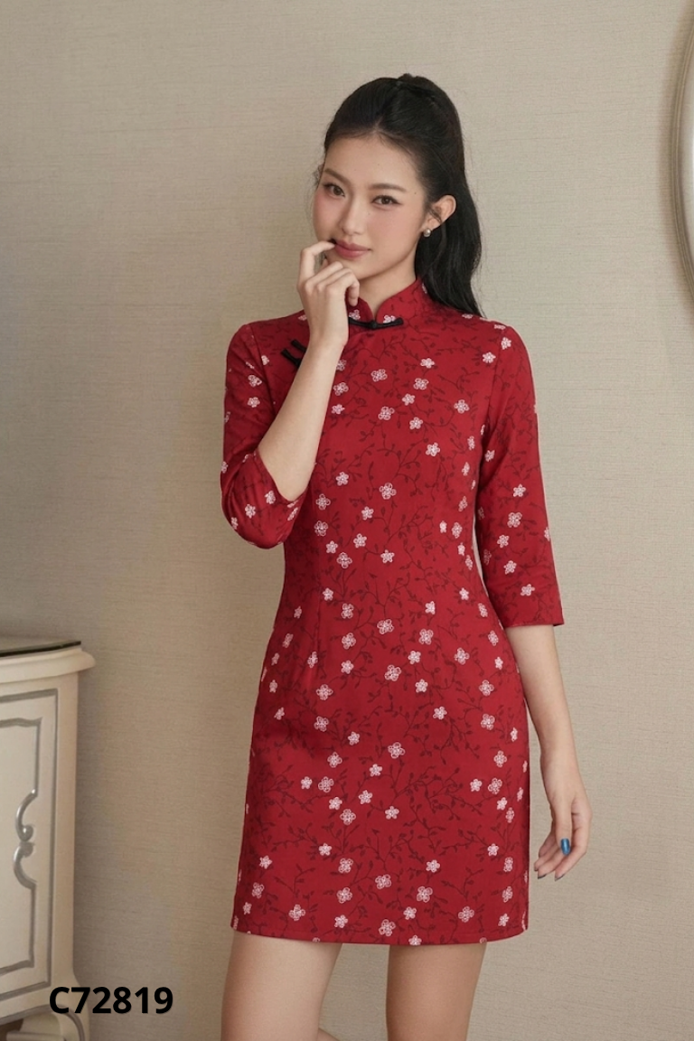 Váy đỏ phối sườn xám GERME YOUNG họa tiết