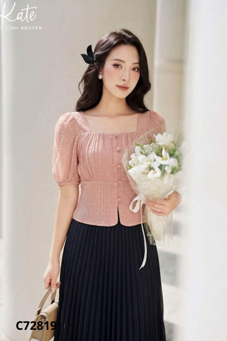 Áo hồng KATE cổ vuông nhún