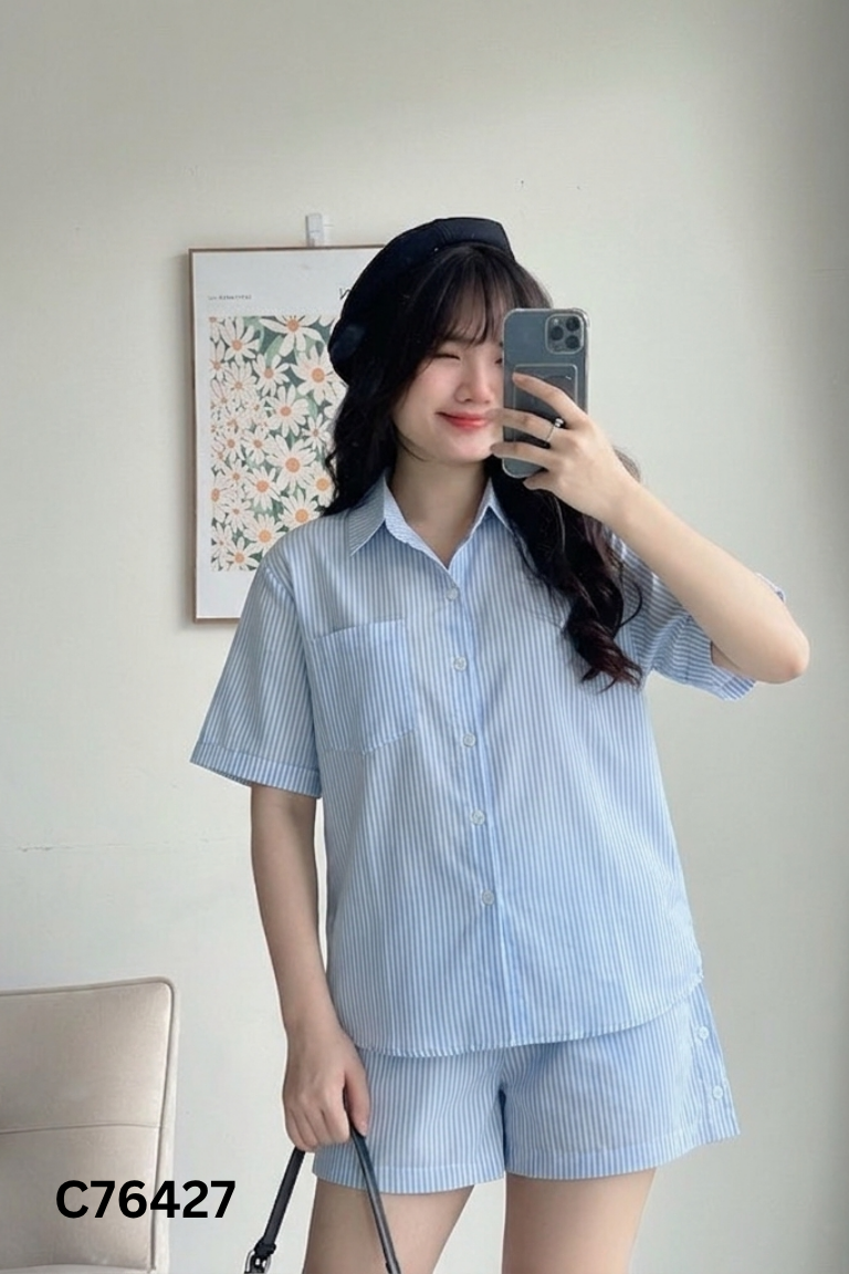 Set MINZ xanh sọc trắng áo sơ mi + quần shorts