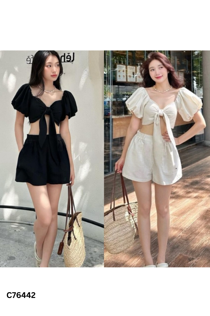 Set linen đen áo kiểu + quần shorts