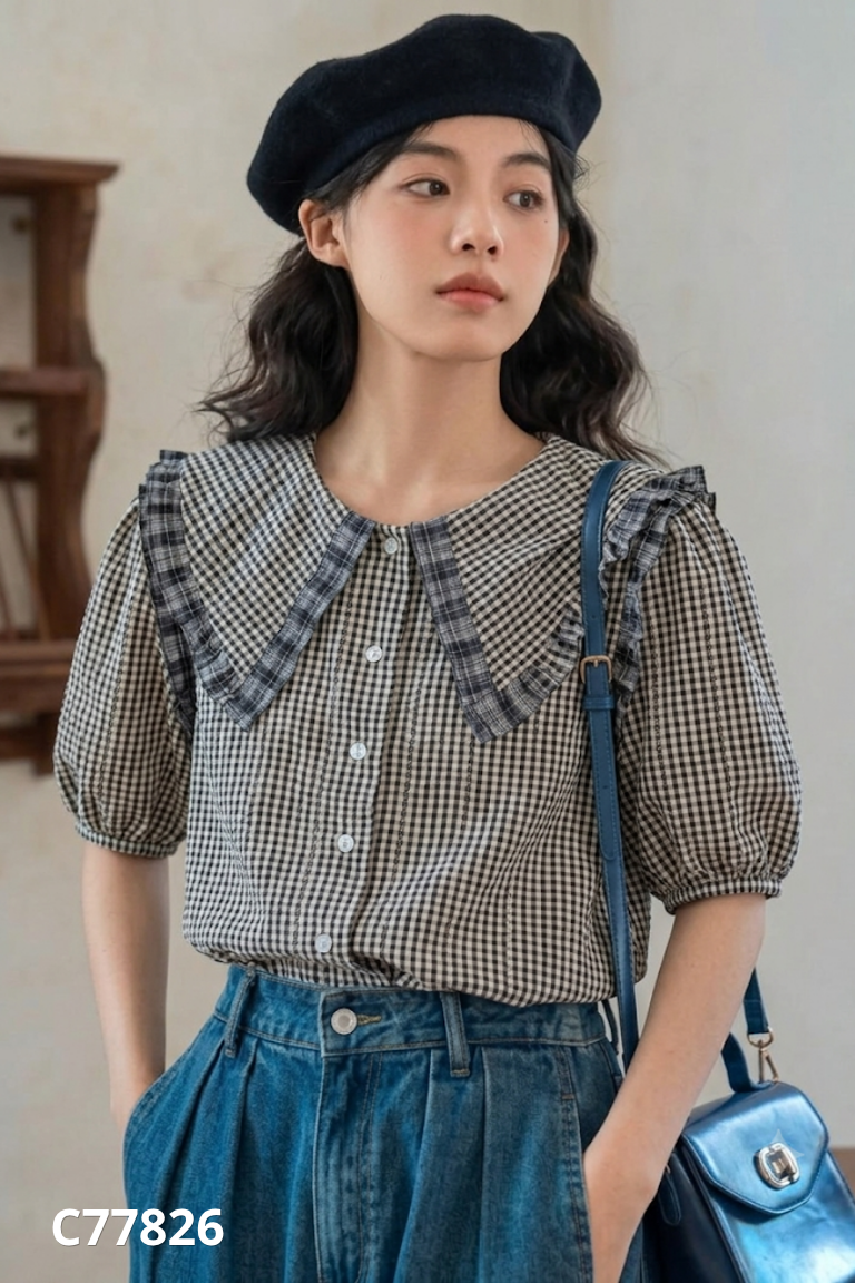 Áo LEENAA be kẻ caro đen