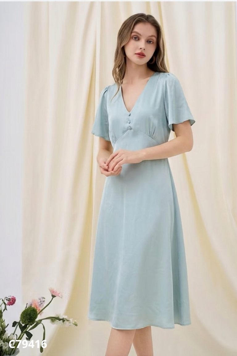 NEWTAG Váy lụa xanh ADORE DRESS cổ V