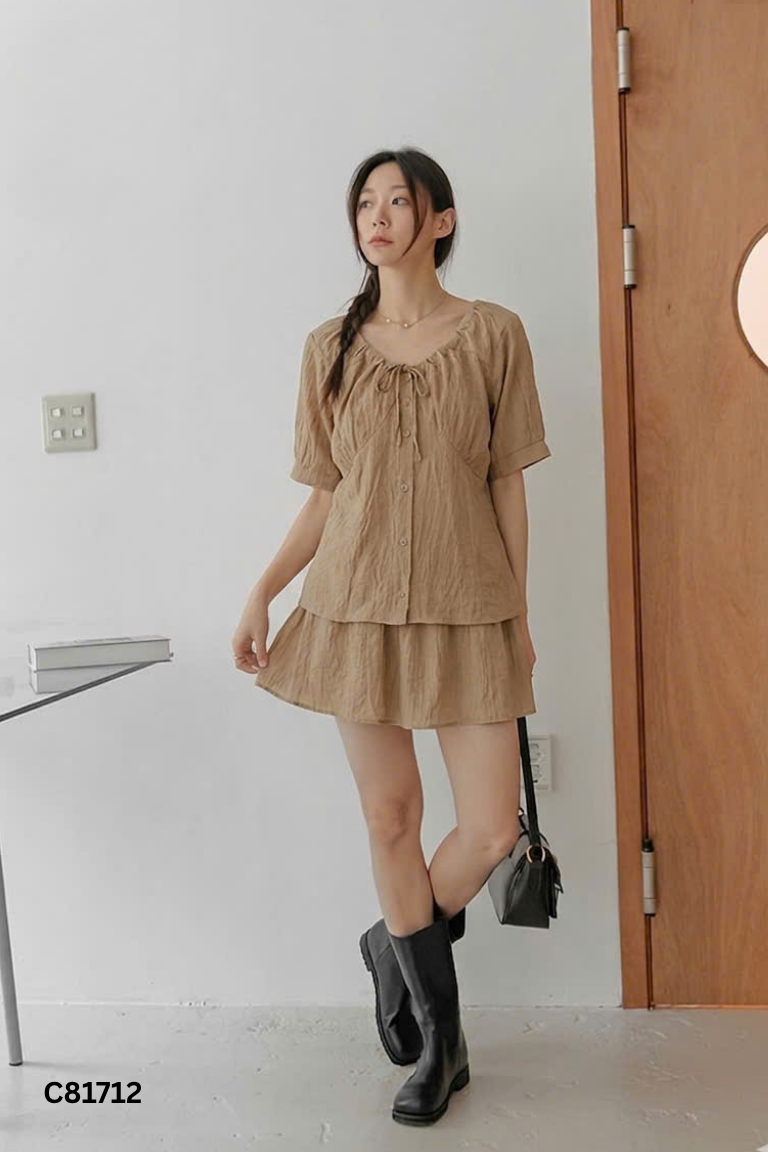 Set áo sơ mi không cổ xanh rêu + quần short