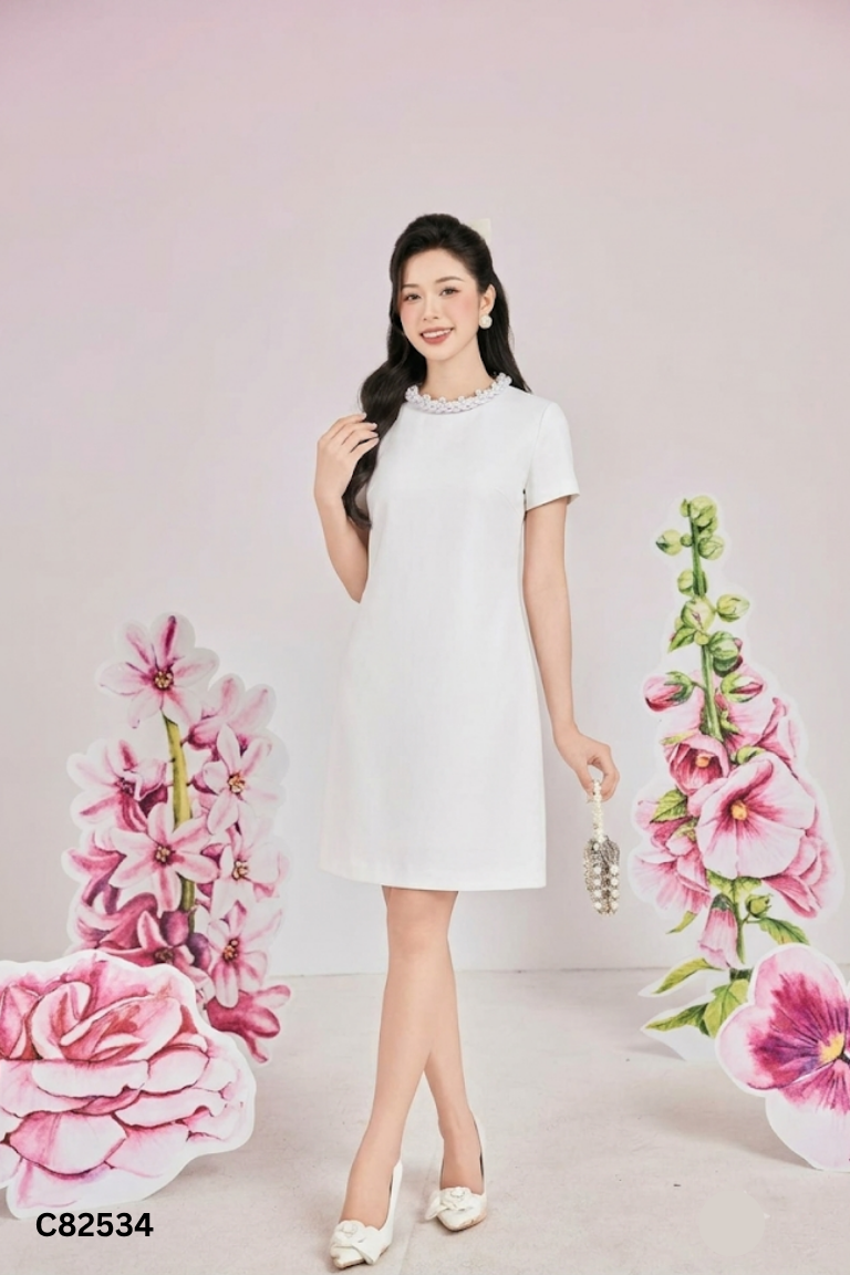 Váy ELISE xám cổ đính ngọc