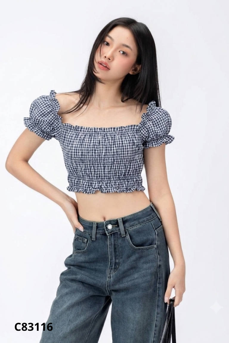 Áo croptop KUCHIMACHI xanh kẻ caro