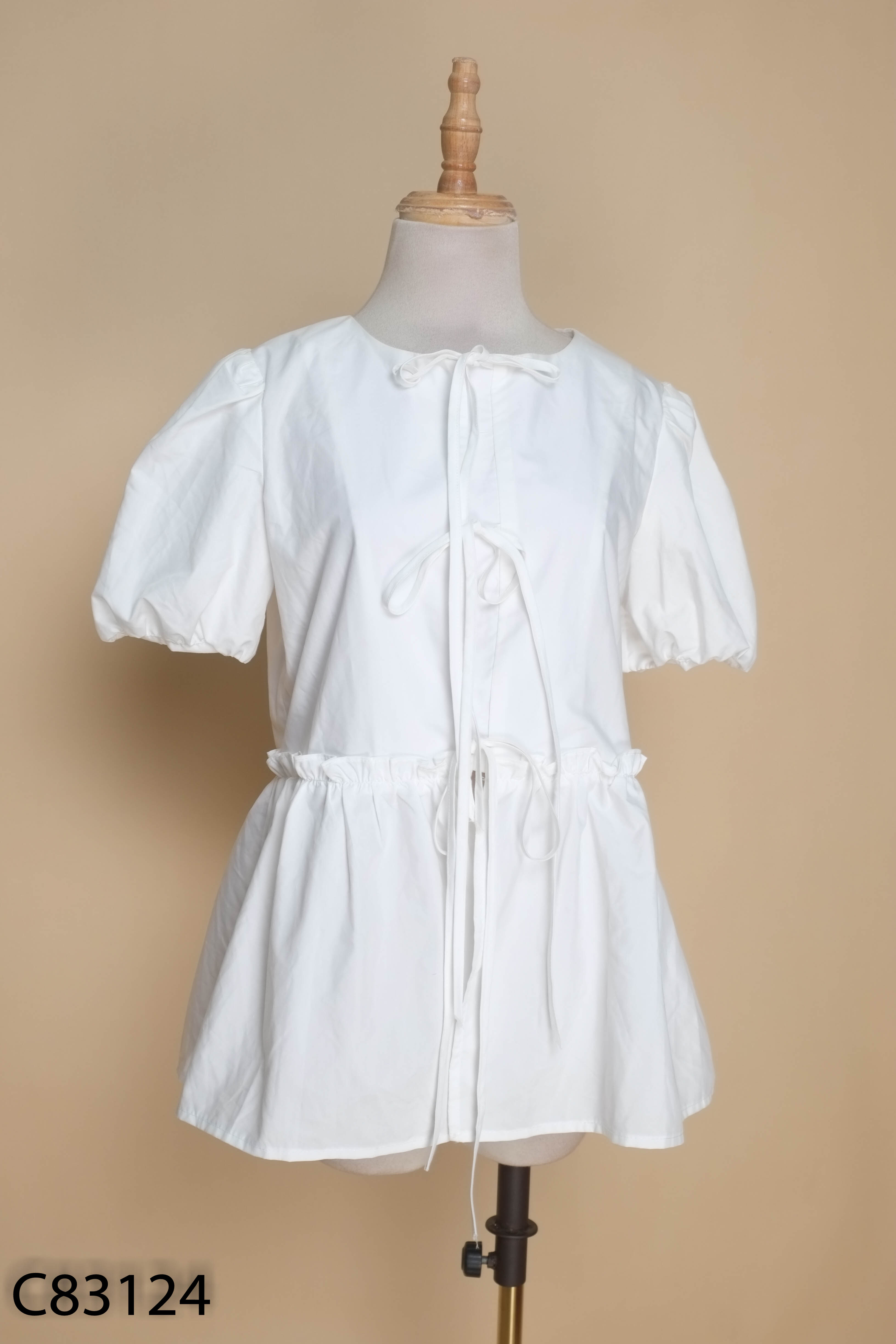 Áo trắng LA MONETA tay phồng buộc nơ