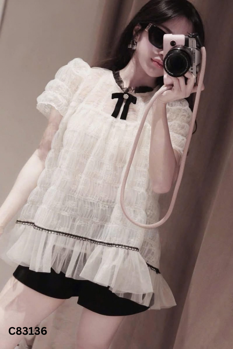 Áo babydoll be lưới viền đen