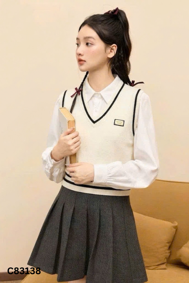 Áo gile len tắng kẻ viền