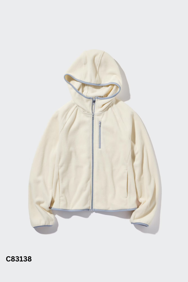 Áo khoác lông trắng UNIQLO viền xanh