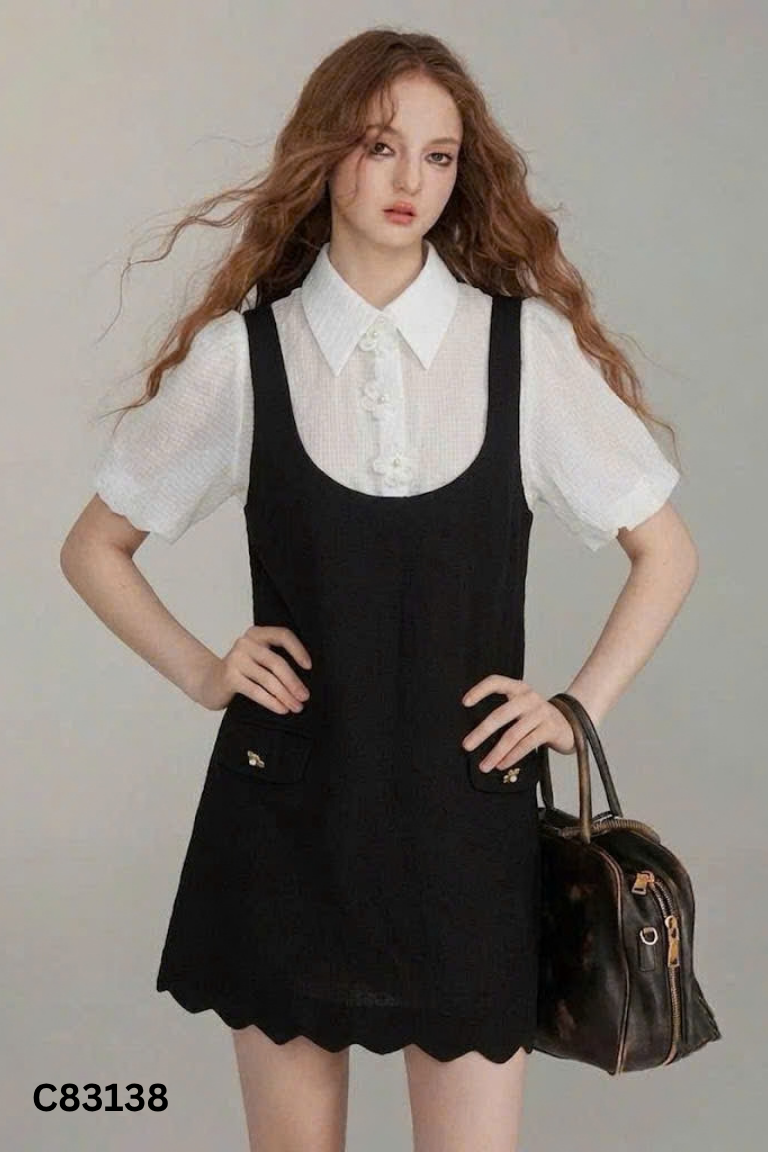 Set váy dây đen BLEUBIRD+áo sơ mi voan