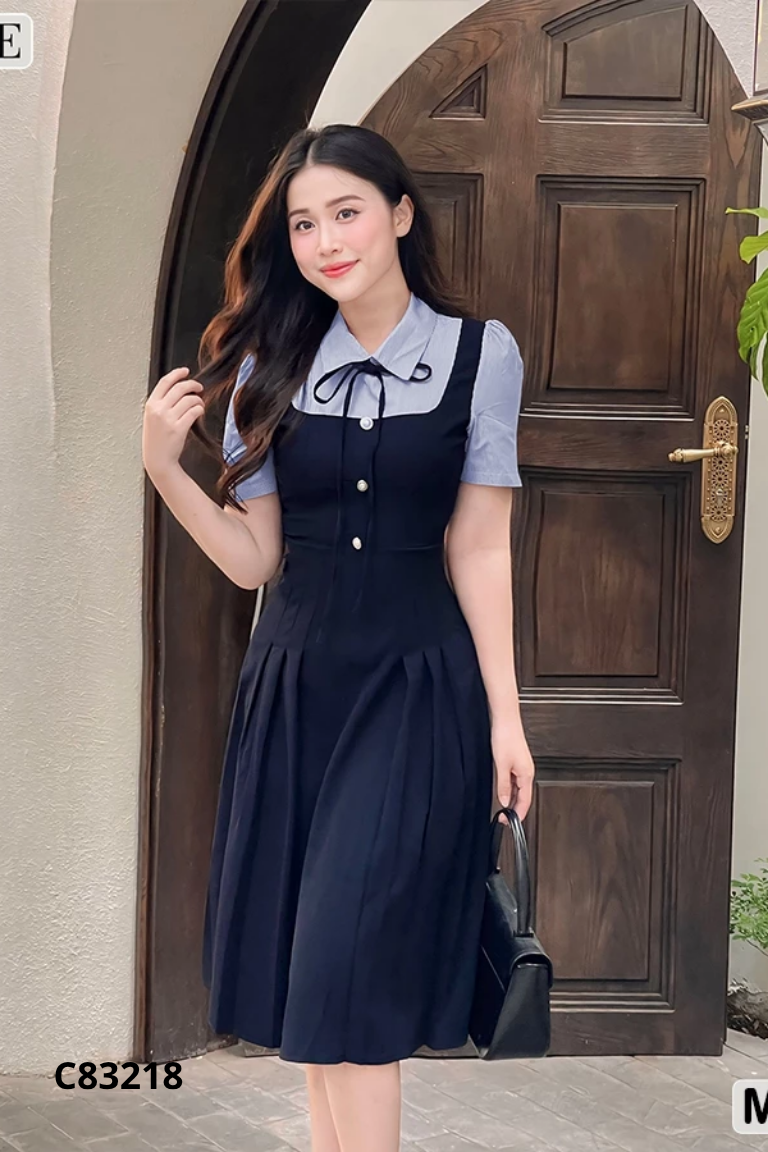 Váy BEMINE xanh than cổ sơ mi kẻ trắng