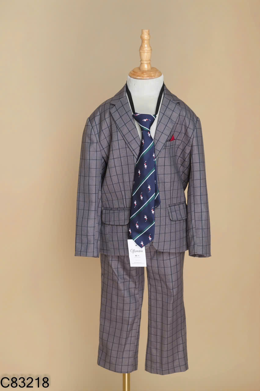 Set áo vest KIDS xám kẻ + quần dài + cà vạt xanh