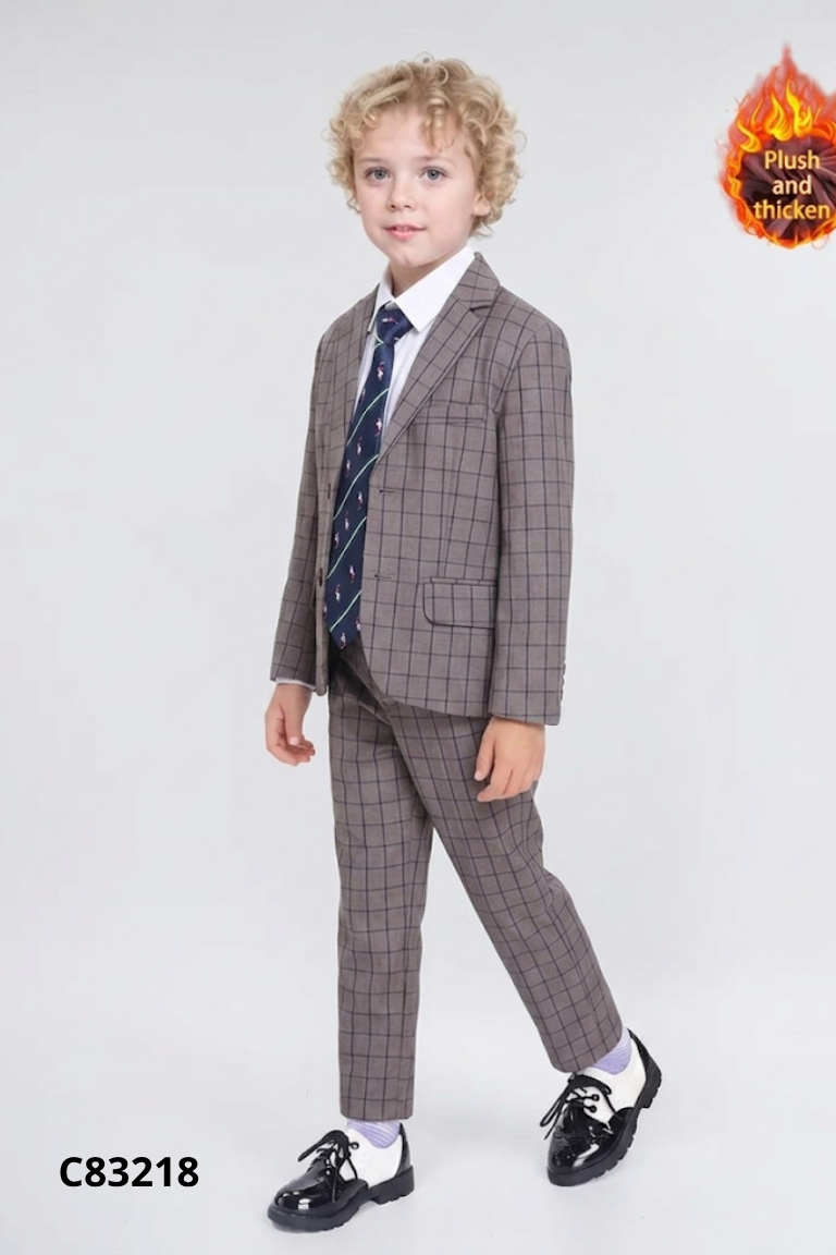 Set áo vest KIDS xám kẻ + quần dài + cà vạt xanh