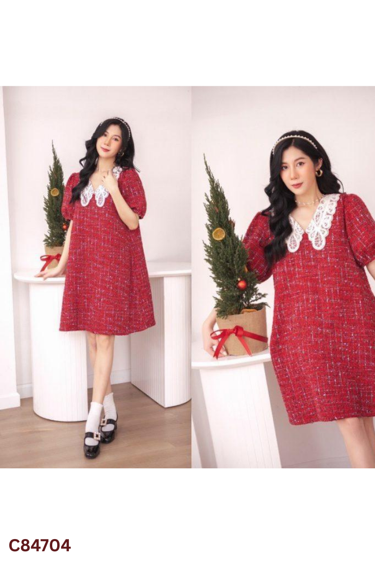 Váy dạ tweed đỏ mix màu phối voan cổ