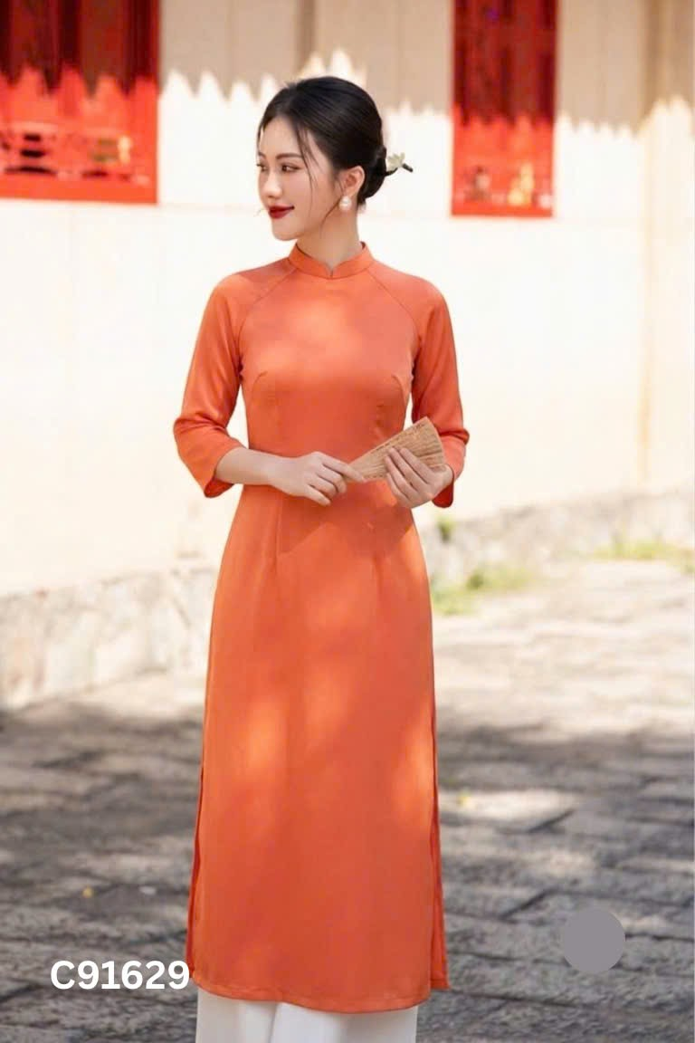 Set áo dài + quần lụa cam trơn