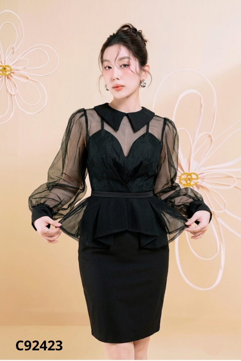 Váy voan đen cổ sơ mi có lót hai dây