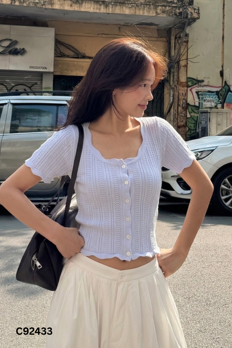 Áo tím len lưới cổ tròn