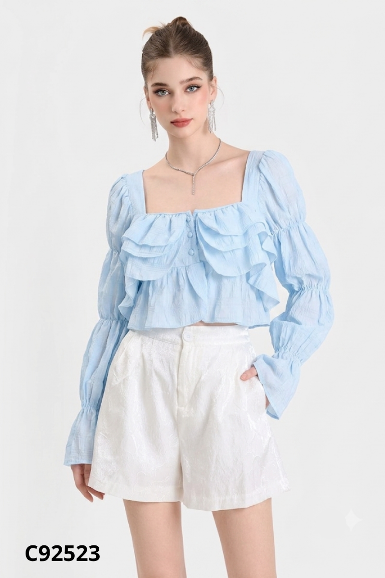 Set Áo croptop xanh điệu + Quần short be ánh