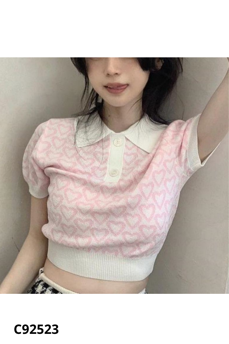 Áo croptop len hồng trắng
